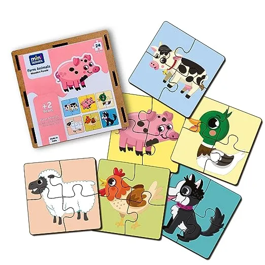 4 Piece Farm Animals Wooden Puzzle for Kids (Set of 6)