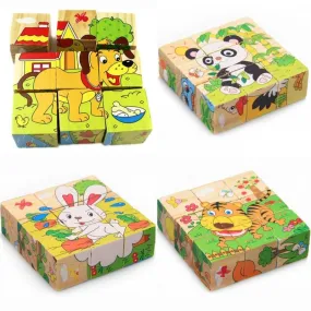 Baby Wooden Block Toys Animal Fruit Traffic Cognize Early Learning Educational Toys For Children Six Side 3D Cube Jigsaw Games