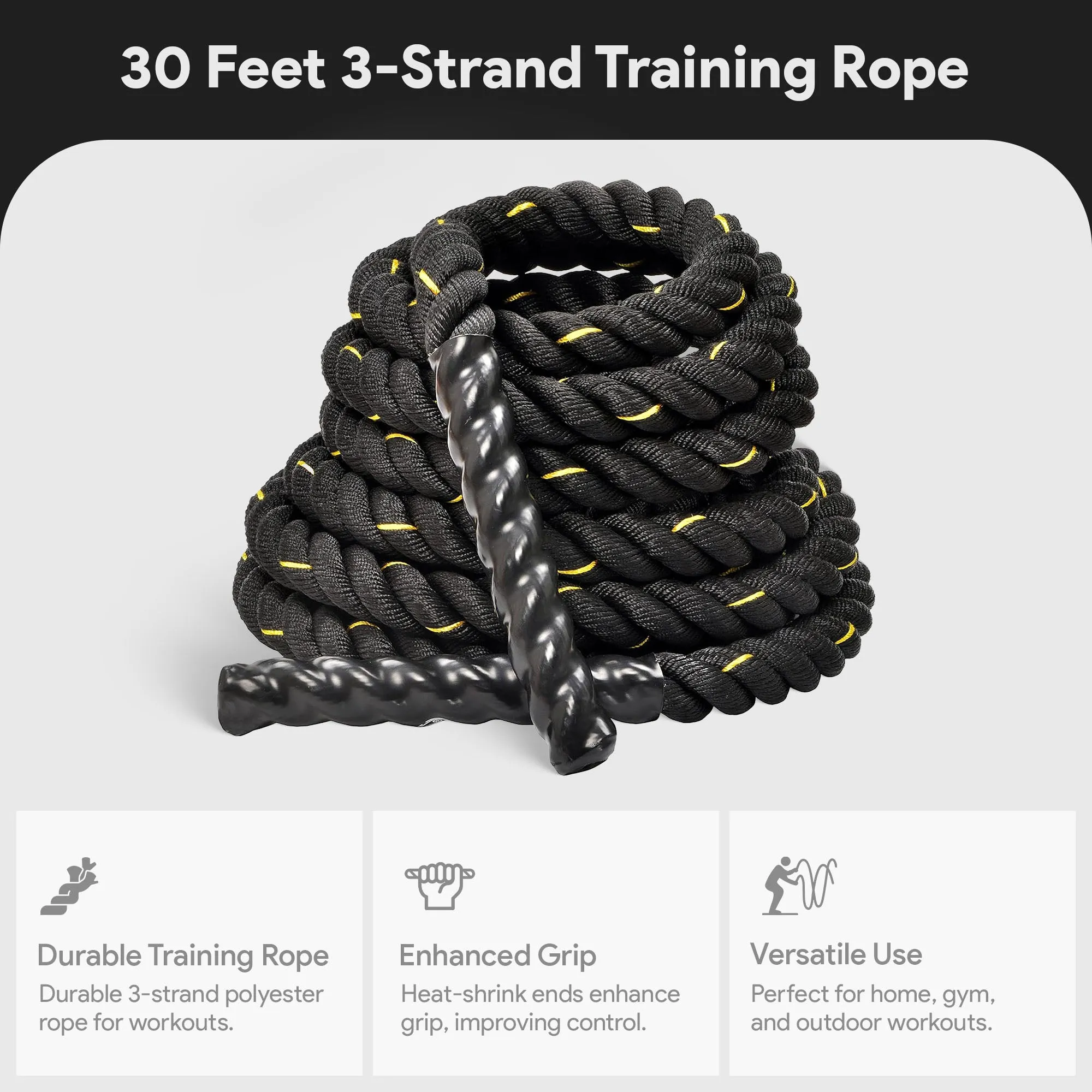 BalanceFrom 3 Strand Training Rope, Durable Workout Equipment, 30 Feet, Black