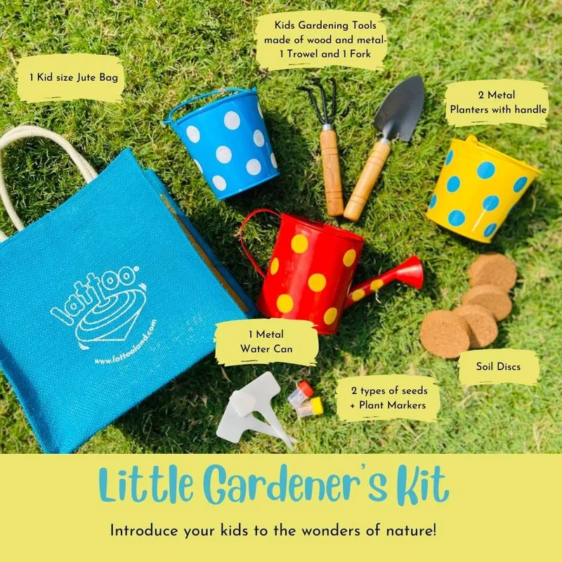 Little Gardener's Kit | A Complete Gardening kit for 3-10 year old with Premium Quality Tools, Planters, Watering can, Soil discs, Seeds, Plant Markers and a cute Jute Bag