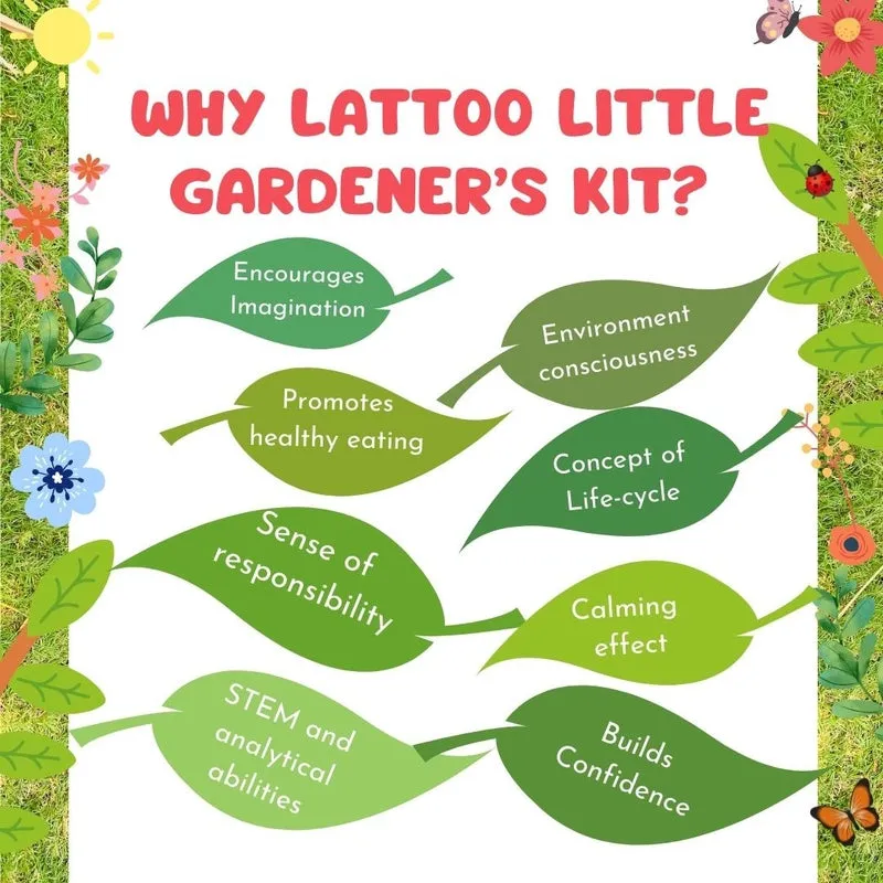 Little Gardener's Kit | A Complete Gardening kit for 3-10 year old with Premium Quality Tools, Planters, Watering can, Soil discs, Seeds, Plant Markers and a cute Jute Bag