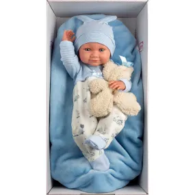 Llorens - Baby Boy Doll with Blue Cushion & Teddy Bear: Nico 40cm