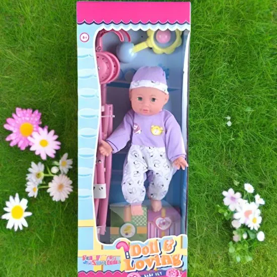 Lovely Cute Doll with Pram and Rattle