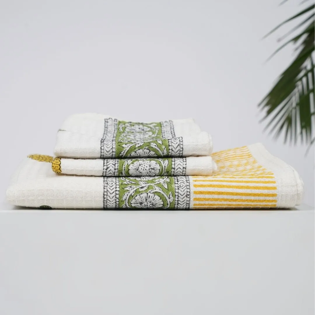 Pure Cotton Hand and Bath Towel Set | Block Printed in Marigold Pattern | Super Absorbent, Soft & Faster Drying | 300 GSM | Handmade In India