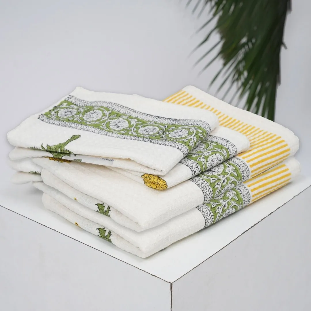 Pure Cotton Hand and Bath Towel Set | Block Printed in Marigold Pattern | Super Absorbent, Soft & Faster Drying | 300 GSM | Handmade In India