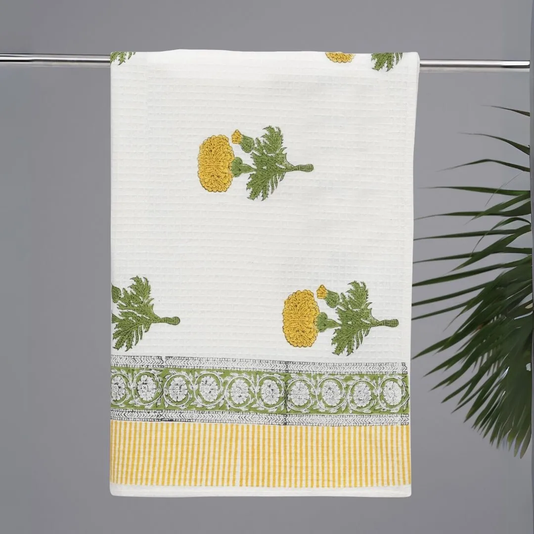 Pure Cotton Hand and Bath Towel Set | Block Printed in Marigold Pattern | Super Absorbent, Soft & Faster Drying | 300 GSM | Handmade In India