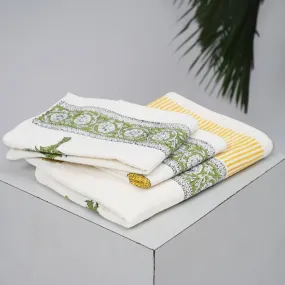 Pure Cotton Hand and Bath Towel Set | Block Printed in Marigold Pattern | Super Absorbent, Soft & Faster Drying | 300 GSM | Handmade In India