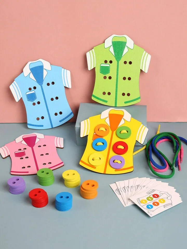 Wooden Sew-on Buttons Threading Lacing Clothes Board